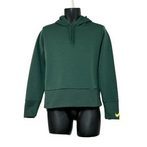 Nike Dri Fit Mens LS Green Ribbed Hooded Sweatshirt Yellow Swoosh 2 Pkt Size L